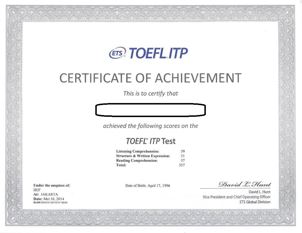 Sertifikat TOEFL ITP atau biasa juga dikenal TOEFL Paper Based Test